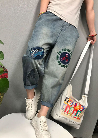 Blue Embroideried Denim Pants Spring
