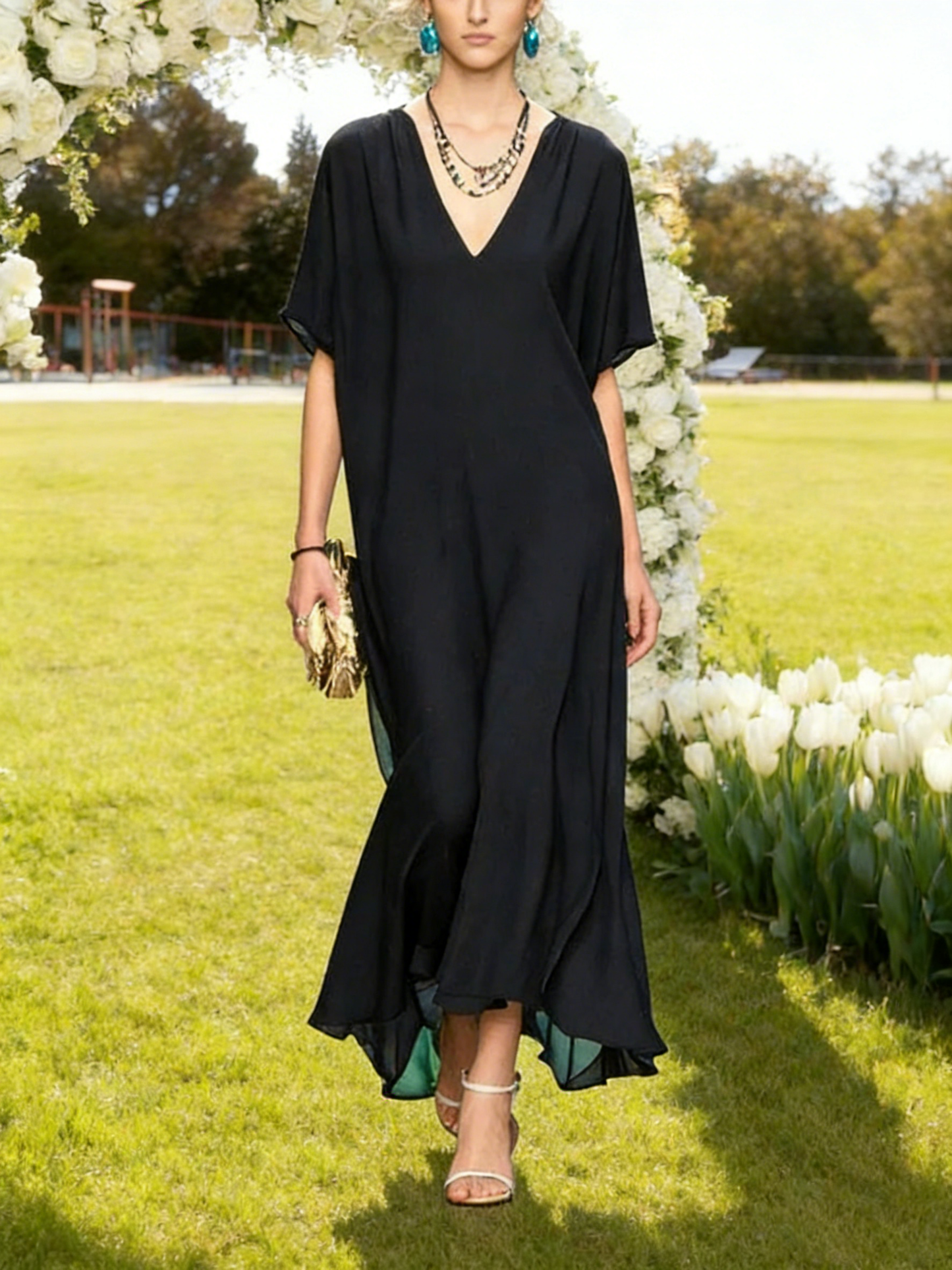 Italian Black V Neck Draping Chiffon Long Dress Summer