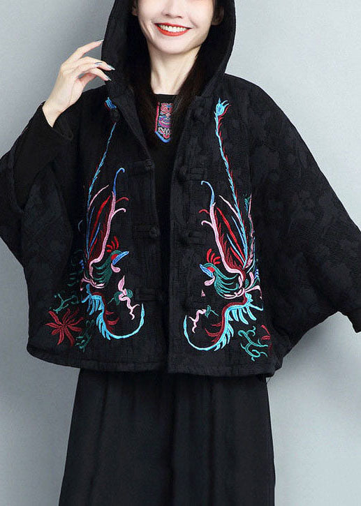 Black Embroideried Warm Fleece Coats and Pants Skirts Two Pieces Set Batwing Sleeve