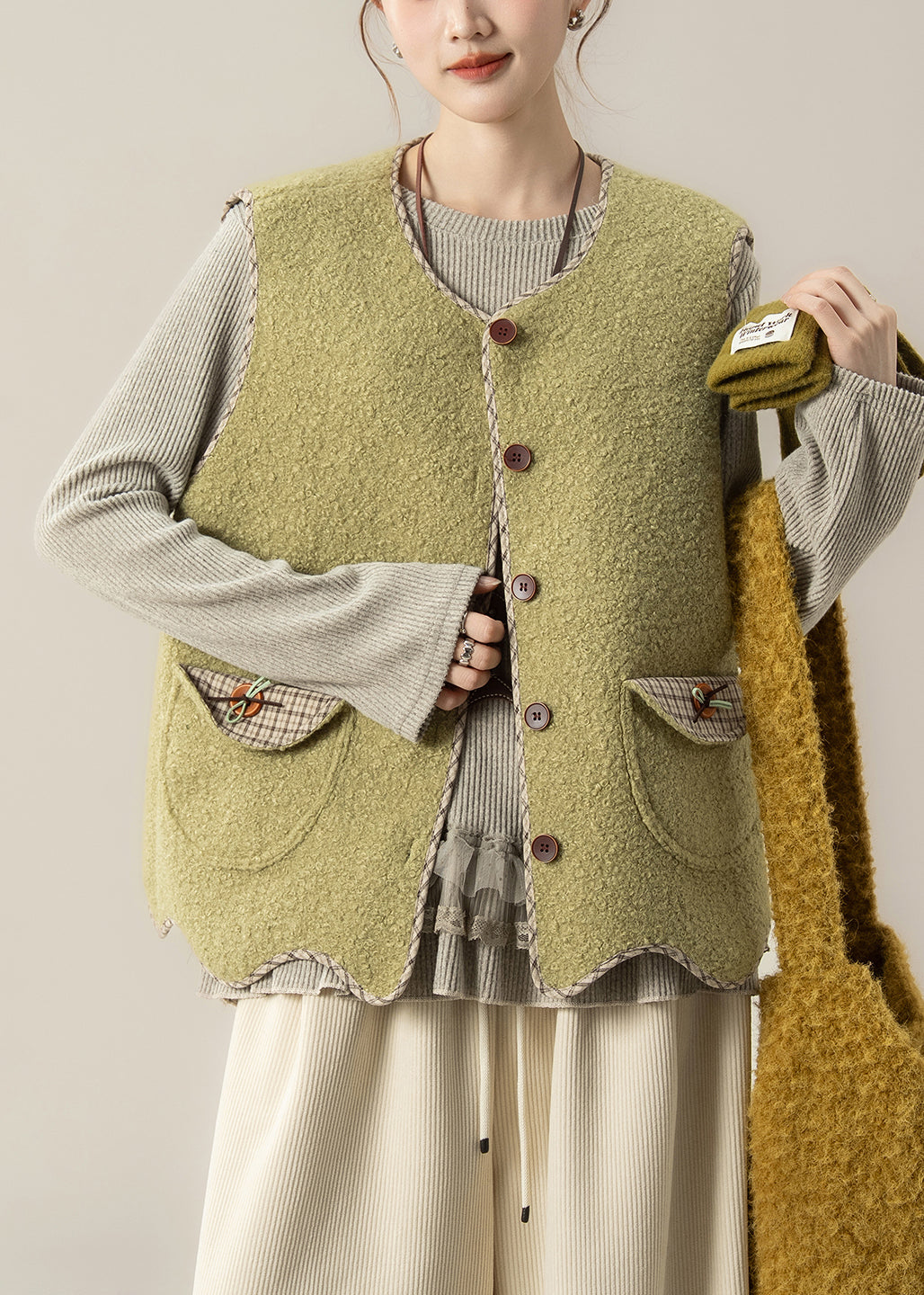 Green Button Faux Fur Waistcoat and Top Two Pieces Set Sleeveless