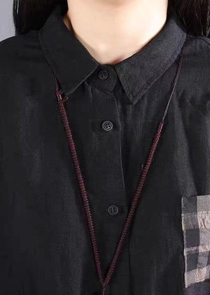 Chocolate Peter Pan Collar Button Tie Waist Plaid Linen Holiday Dress Long Sleeve