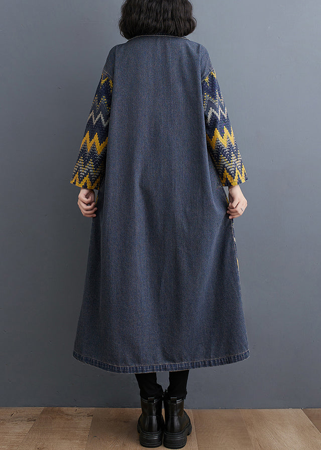 Blue Peter Pan Collar Print Button Denim Long Trench Coat Fall