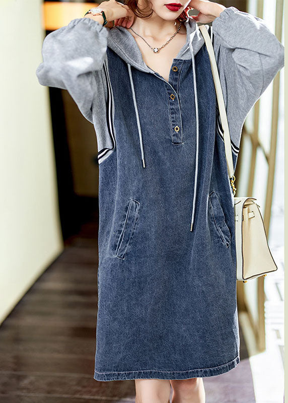 Boutique Blue Hooded Pockets Button Patchwork Fall Long Sleeve Denim Mid Dress