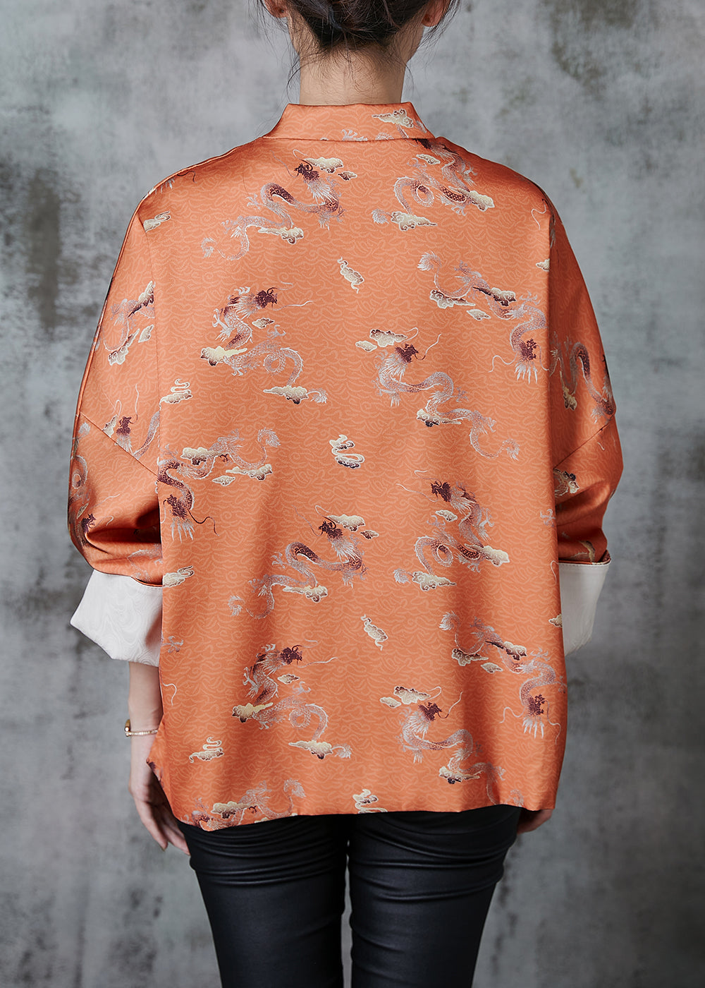 Orange Tasseled Print Side Open Silk Oriental Coats Fall