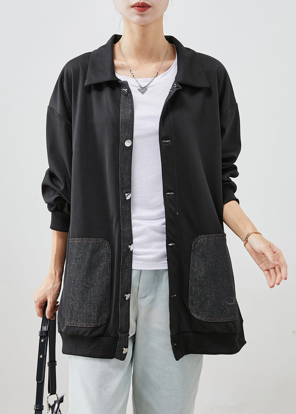 Modern Black Oversized Patchwork Cotton Coats Fall