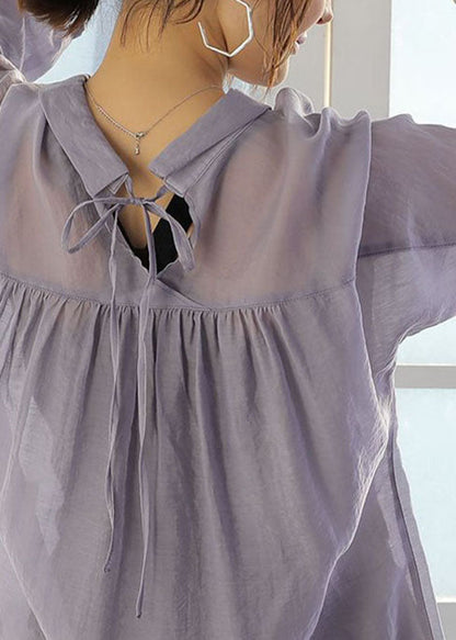 Diy Purple Peter Pan Collar Patchwork Cotton Shirt Top Long Sleeve
