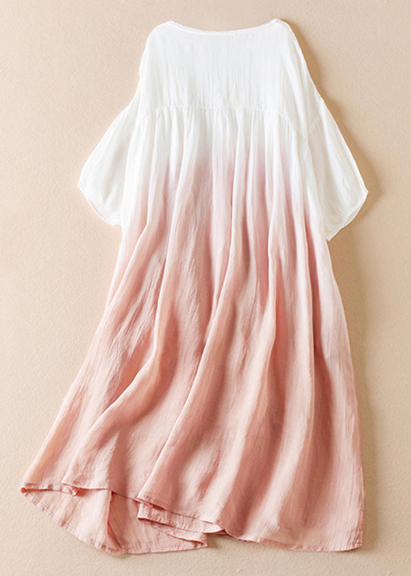 Original Brown Gradient O Neck Wrinkled Cotton Long Dress Half Sleeve