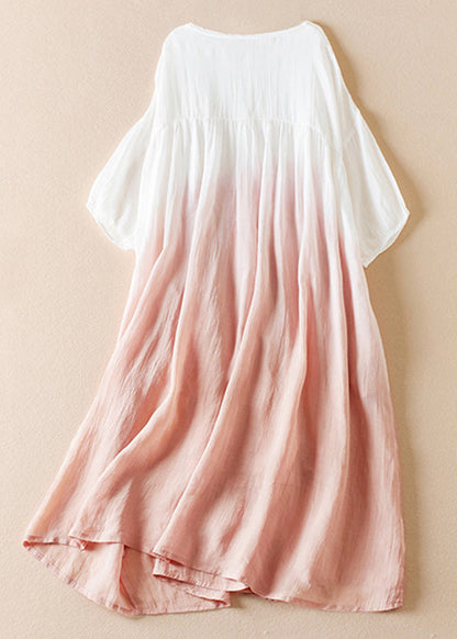 Original Blue Gradient O Neck Wrinkled Cotton Long Dress Half Sleeve