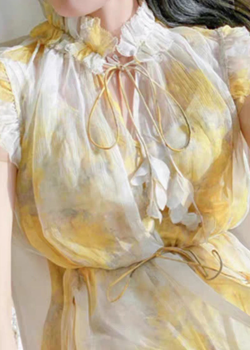 Yellow Ruffled Lace Up Chiffon Two Pieces Set Sleeveless