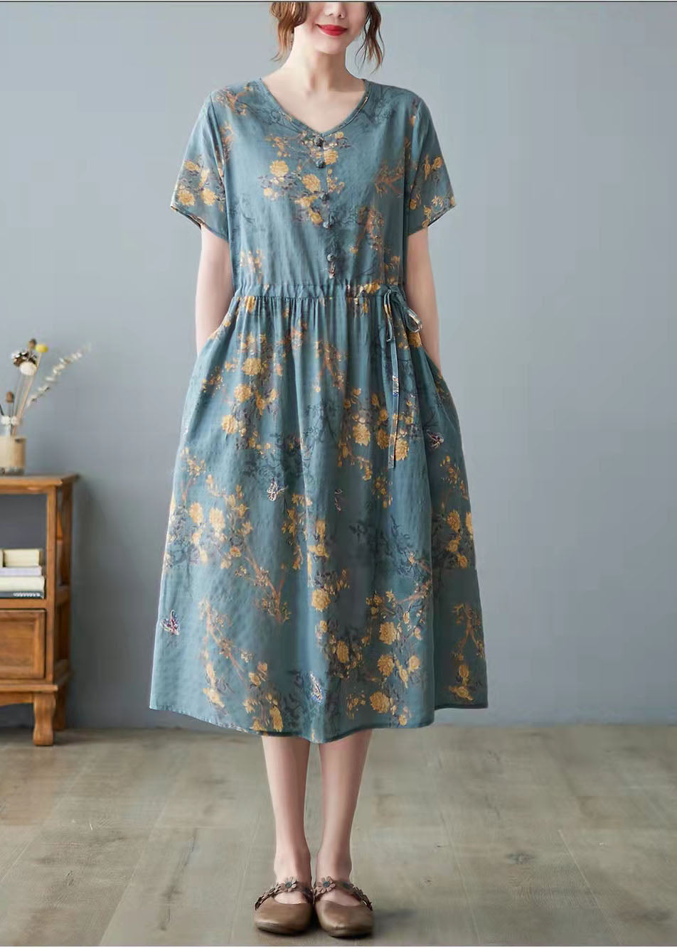 Gray Geometry Print Bamboo Pockets Print O Neck Dress