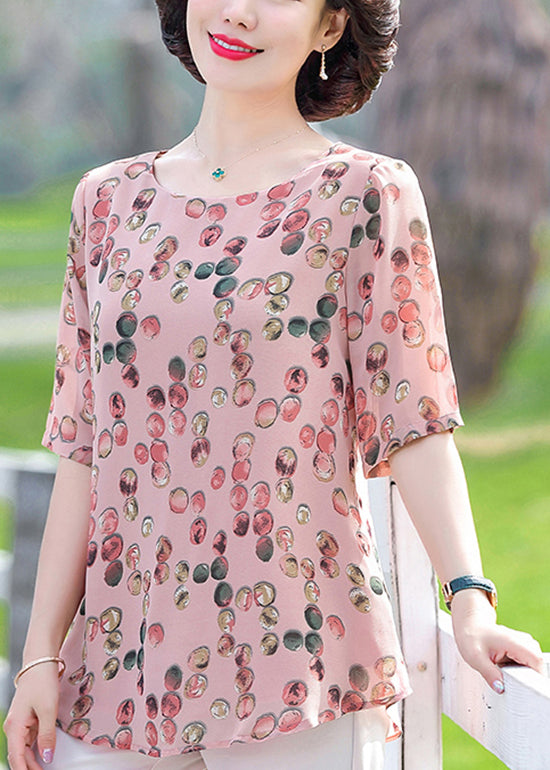 Pink O-neck Dot Print Chiffon Tops Half Sleeve