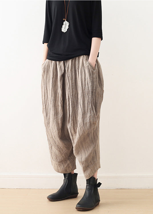 Khaki Tie Dye Wrinkled Linen Harem Pants Fall