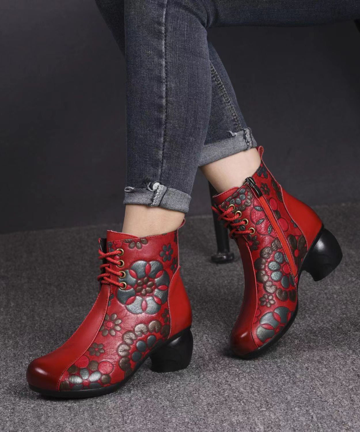 Black Boots Chunky Cowhide Leather Embossed Splicing