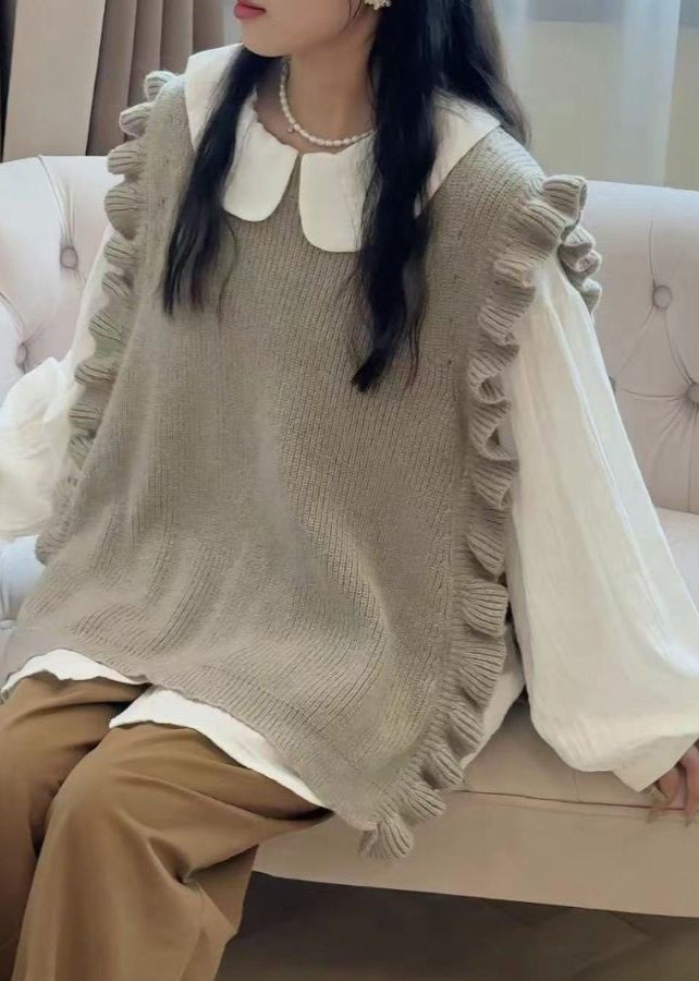Loose Grey Ruffled Knit Vest and Shirts Two Pieces Set Spring