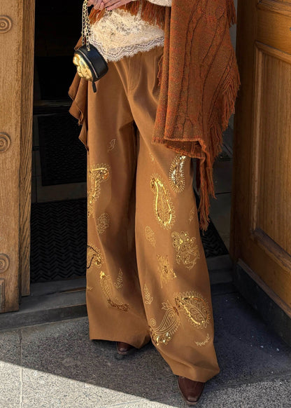 Brown Embroidered Asymmetrical Sequins Wide Leg Pants Fall