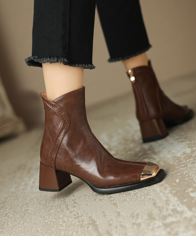 Brown Cowhide Leather Zippered Splicing Chunky Heel Boots