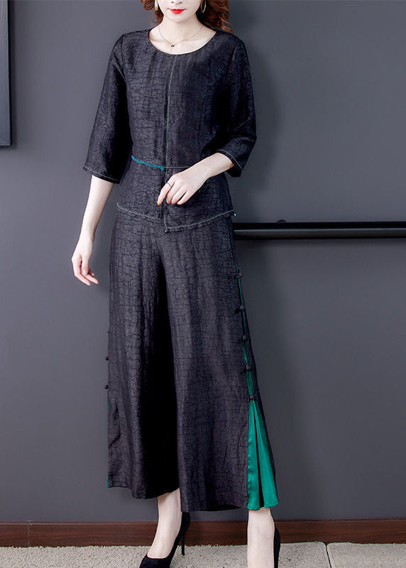Black Asymmetrical Patchwork Wrinkled Silk Two Piece Suit Set Summer