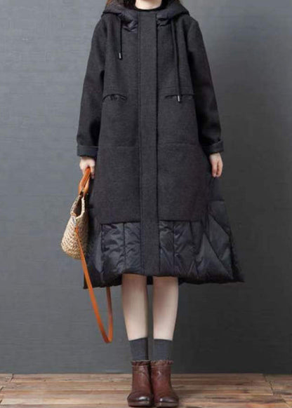 Black Hooded Pockets Patchwork Thick Long Coat Winter
