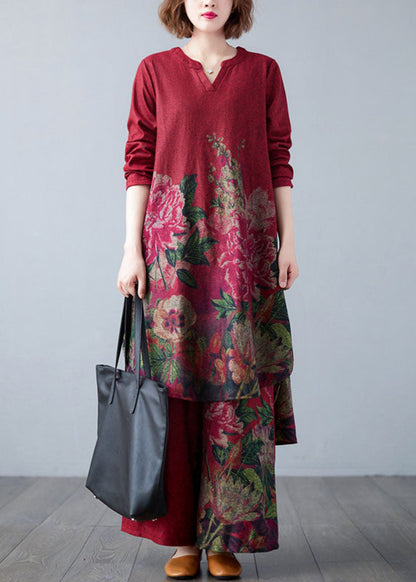 Red Oversized Print Cotton Two Pieces Set Spring