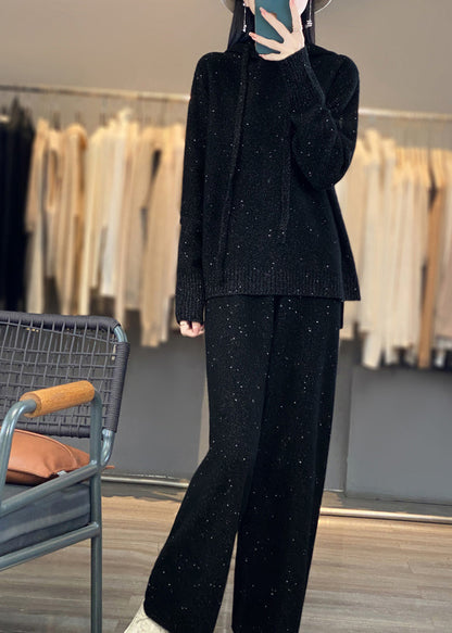 Organic Black Hooded Sweaters and Pants Woolen Two Pieces Set Fall