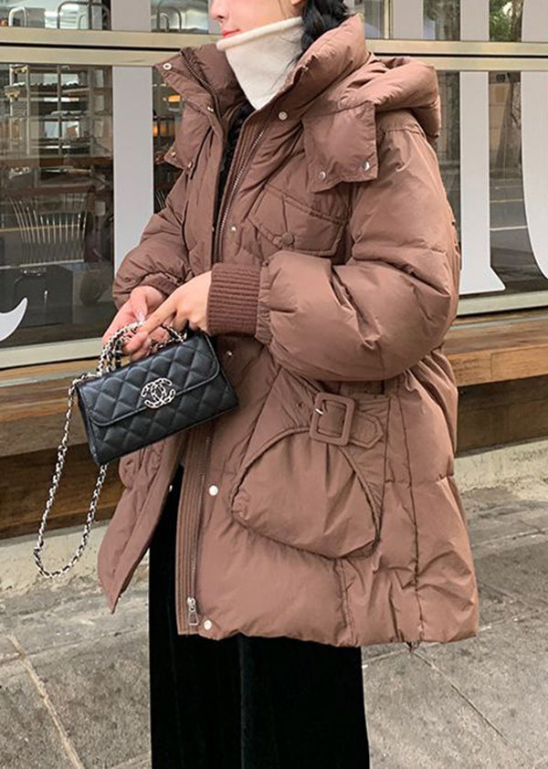 Red Zip Up Drawstring Pockets Duck Down Hooded Coat Winter
