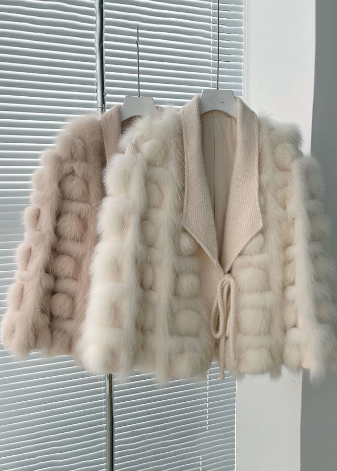 Boutique Beige Knit Patchwork Leather and Fur Jackets Winter