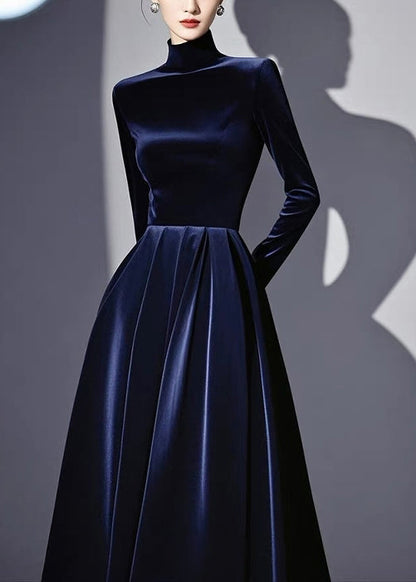 Slim Fit Navy Turtleneck High Waist Silk Velvet Dresses Fall