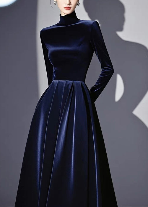 Slim Fit Navy Turtleneck High Waist Silk Velvet Dresses Fall