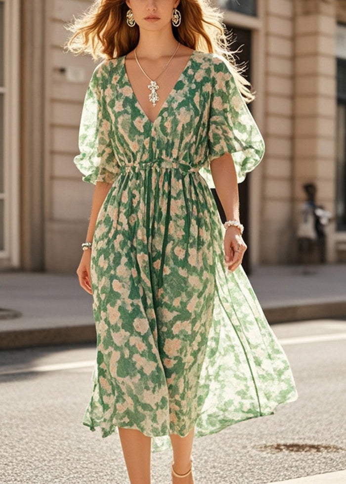 Green Cinched Print Chiffon Robe Dresses Summer