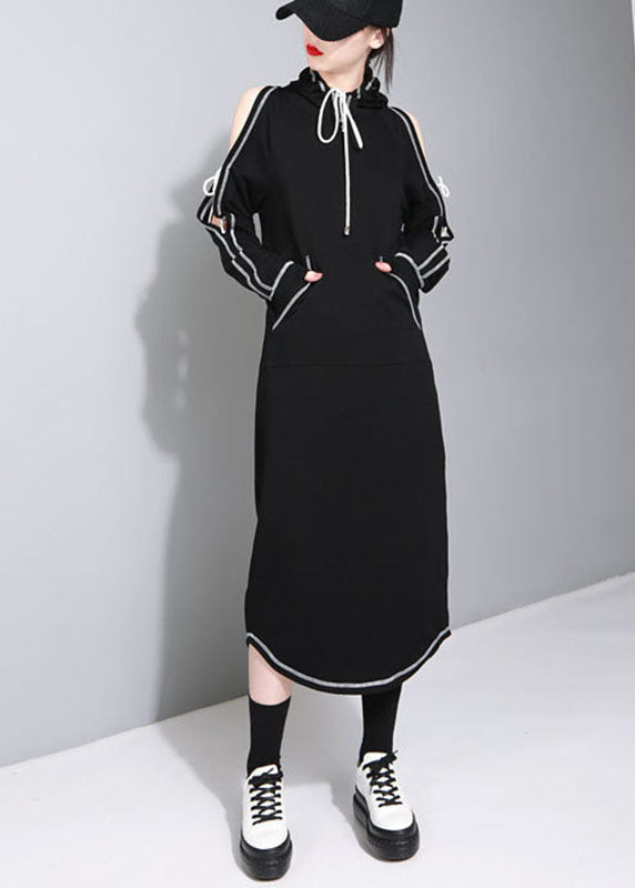 New Black Hooded Pockets Asymmetrical Design Fall Sweatshirts Dresses