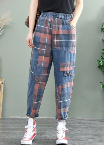 Blue Plaid Patchwork Denim Pants Spring
