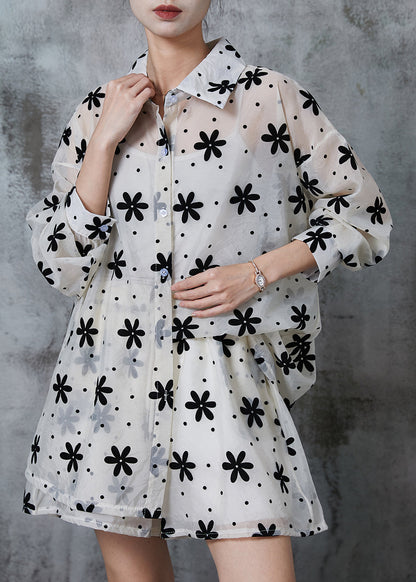 White Oversized Print Chiffon Two Piece Suit Set Summer
