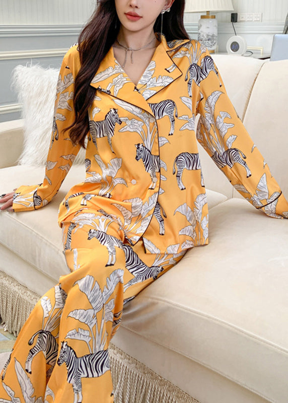 Yellow Notched Print Shirts and Pants Two Pieces Set Spring