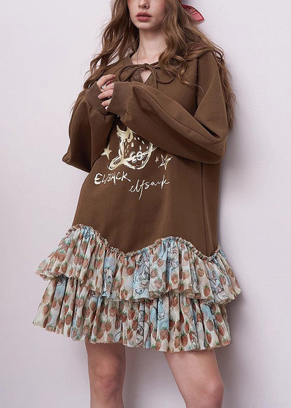Brown Oversized Patchwork Cotton Sweatshirts Dress Fall