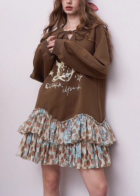 Brown Oversized Patchwork Cotton Sweatshirts Dress Fall