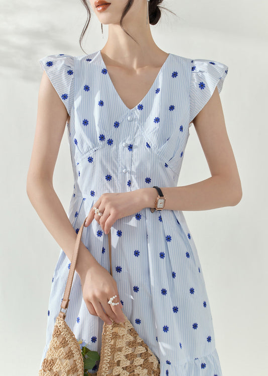 Blue V Neck Print Tunic Maxi Dresses Summer