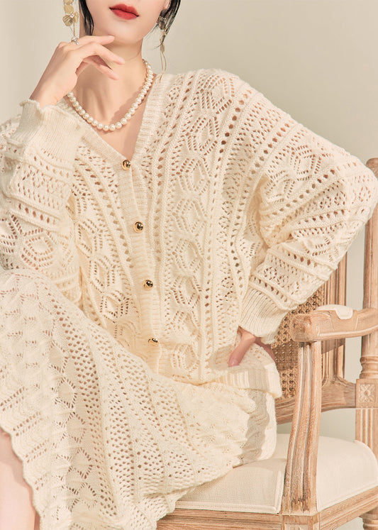 Apricot V Neck Button Knit Cardigans and Maxi Skirts Two Pieces Set Fall