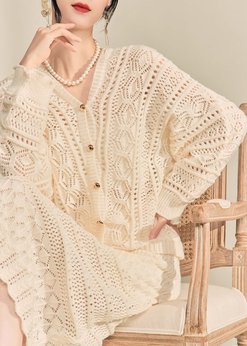 Apricot V Neck Button Knit Cardigans and Maxi Skirts Two Pieces Set Fall
