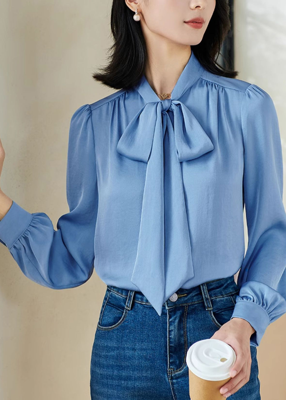 Stylish Blue Bow Patchwork Shirt Fall