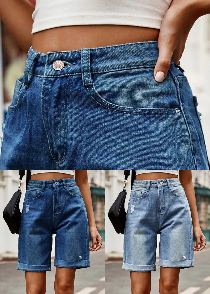New Light Blue Hole Pockets High Waist Denim Shorts Summer