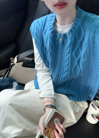 Art Blue O-neck Zippered Cozy Cable Knit Waistcoat Sleeveless