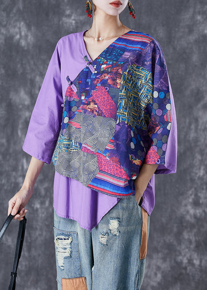 Purple Asymmetrical Print Linen Shirt Tops Summer