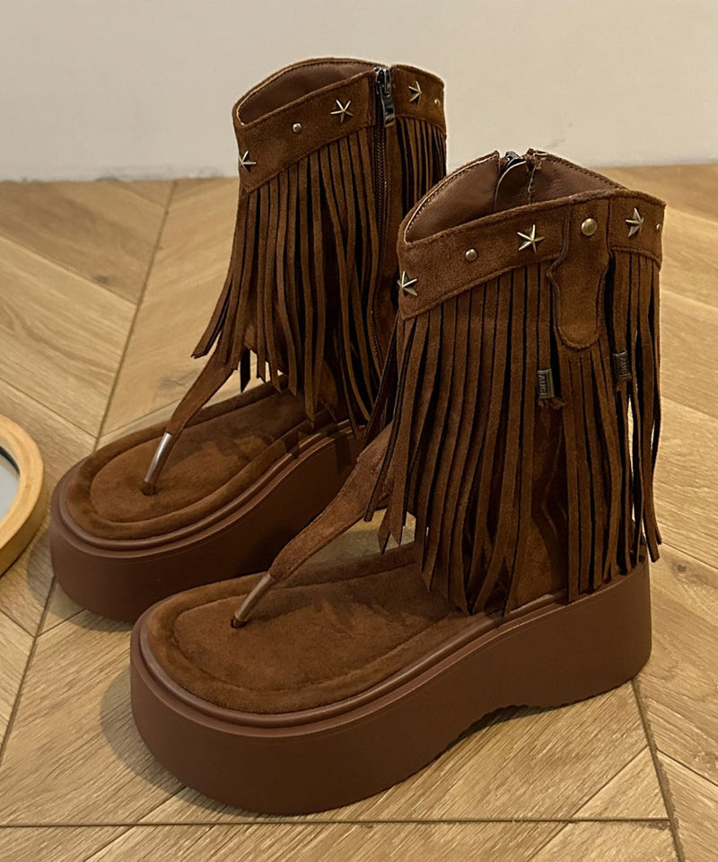 Brown Platform Rivet Tassel Roman Thong Sandals for