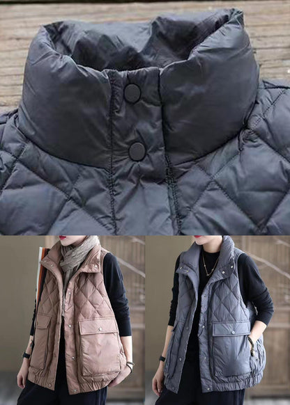 Pink Button Pockets Patchwork Duck Down Waistcoat Sleeveless