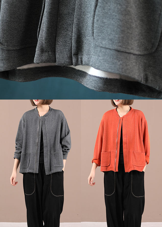 Grey Knit Zippered Patchwork Fall Long Sleeve Jackets
