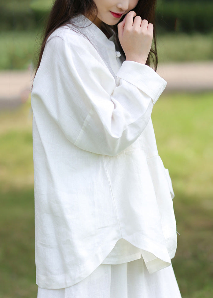 White Stand Collar Button Linen Coats Spring