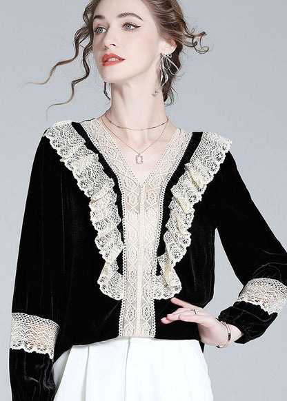 Black V Neck Lace Patchwork Silk Velour Top Spring