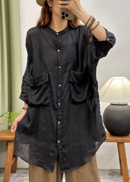 Black Oversized Pockets Cotton Long Shirt Summer