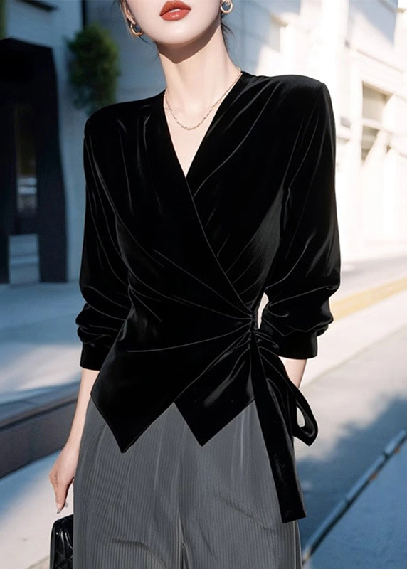 Black V Neck Tie Waist Silk Velvet Shirt Spring