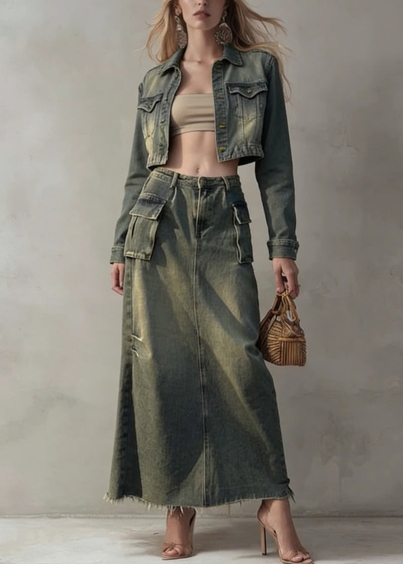 Stylish Peter Pan Collar Coat and Skirts Denim Two Pieces Set Spring